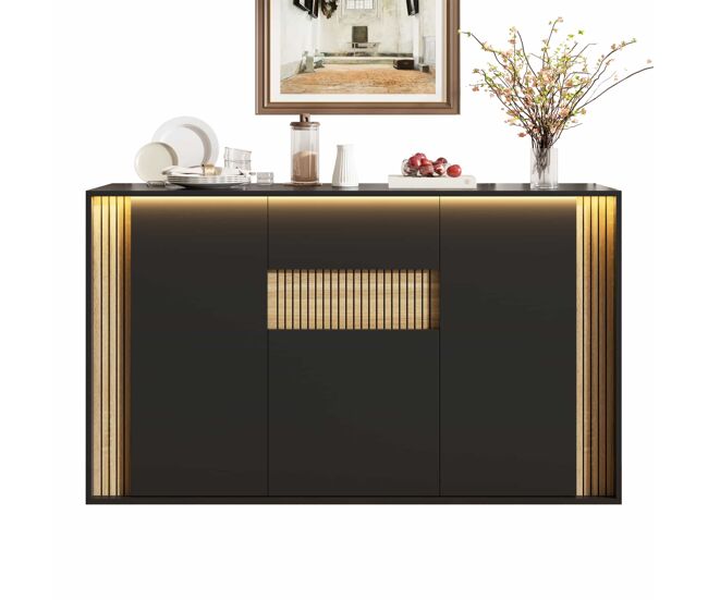 Aparador 140×40×82 cm - 3 puertas, 1 cajón y iluminación led regulable - negro y madera natural