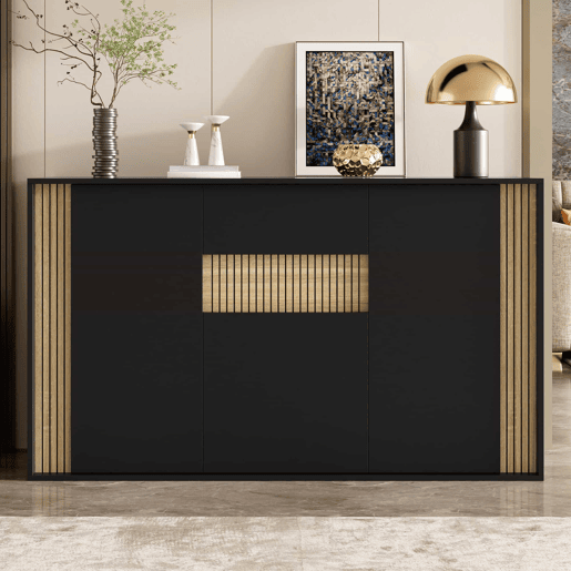 Aparador 140×40×82 cm - 3 portas, 1 gaveta e iluminação LED regulável - Preto e madeira natural Aparador 140×40×82 cm - 3 portas, 1 gaveta e iluminação LED regulável - Preto e madeira natural