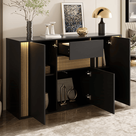 Aparador 140×40×82 cm - 3 portas, 1 gaveta e iluminação LED regulável - Preto e madeira natural Aparador 140×40×82 cm - 3 portas, 1 gaveta e iluminação LED regulável - Preto e madeira natural