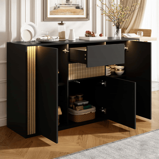 Aparador 140×40×82 cm - 3 portas, 1 gaveta e iluminação LED regulável - Preto e madeira natural Aparador 140×40×82 cm - 3 portas, 1 gaveta e iluminação LED regulável - Preto e madeira natural