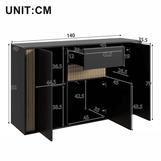 Aparador 140×40×82 cm - 3 portas, 1 gaveta e iluminação LED regulável - Preto e madeira natural Aparador 140×40×82 cm - 3 portas, 1 gaveta e iluminação LED regulável - Preto e madeira natural