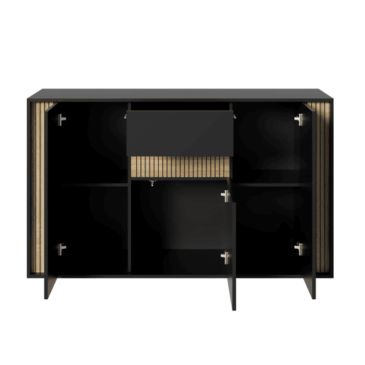 Aparador 140×40×82 cm - 3 portas, 1 gaveta e iluminação LED regulável - Preto e madeira natural Aparador 140×40×82 cm - 3 portas, 1 gaveta e iluminação LED regulável - Preto e madeira natural