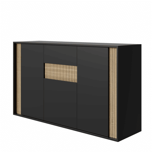 Aparador 140×40×82 cm - 3 portas, 1 gaveta e iluminação LED regulável - Preto e madeira natural Aparador 140×40×82 cm - 3 portas, 1 gaveta e iluminação LED regulável - Preto e madeira natural