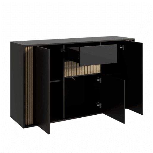 Aparador 140×40×82 cm - 3 portas, 1 gaveta e iluminação LED regulável - Preto e madeira natural Aparador 140×40×82 cm - 3 portas, 1 gaveta e iluminação LED regulável - Preto e madeira natural