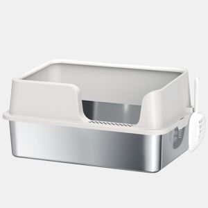 PawHut Caixa de Areia XL em Aço Inoxidável para Gatos, Extra Grande, Borda Alta, Pá Incluída, Fácil de Limpar, 60x40x28 cm, Cinzento-claro