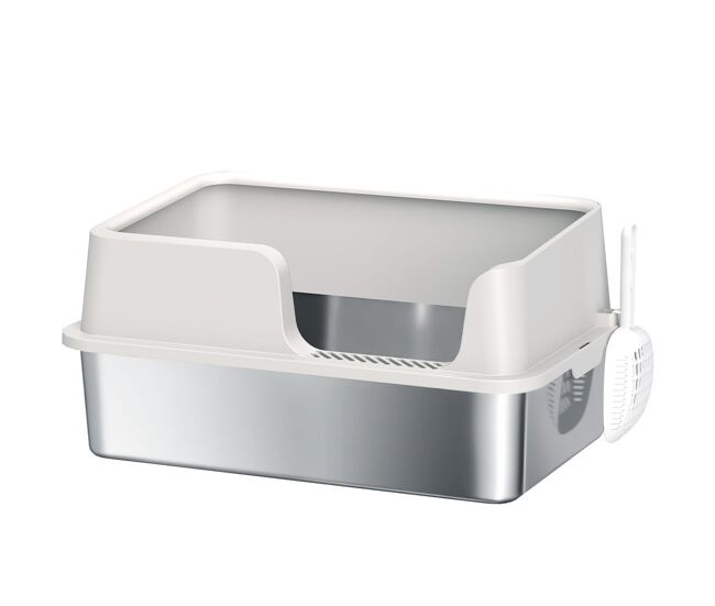 Pawhut arenero para gatos de acero inoxidable xl, caja de arena para gatos grandes, arenero extragrande con borde alto, pala, fácil de limpiar, antifugas, 60x40x28 cm, gris claro