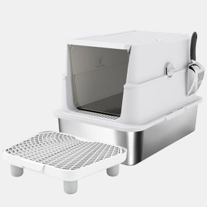 PawHut Caixa de Areia XL em Aço Inoxidável para Gatos, Fechada, com Tampa Basculante, Borda Alta, Pá Metálica, Fácil de Limpar, Anti-derrame, Cinzento-claro