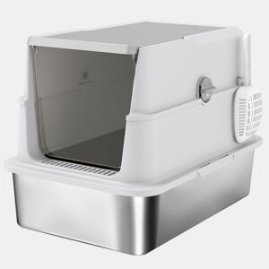PawHut Caixa de Areia XL em Aço Inoxidável para Gatos, Fechada, com Tampa Rebatível, Bordo Alto, Pá e Sistema Anti-fugas, Cinzento-claro
