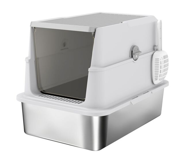 Pawhut arenero para gatos de acero inoxidable xl, caja de arena cerrada para gatos grandes, arenero extragrande con tapa abatible, borde alto, pala,