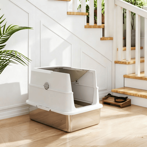 PawHut Caixa de Areia XL em Aço Inoxidável para Gatos, Fechada, com Tampa Rebatível, Bordo Alto, Pá e Sistema Anti-fugas, Cinzento-claro PawHut Caixa de Areia XL em Aço Inoxidável para Gatos, Fechada, com Tampa Rebatível, Bordo Alto, Pá e Sistema Anti-fugas, Cinzento-claro