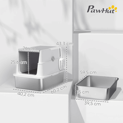 PawHut Caixa de Areia XL em Aço Inoxidável para Gatos, Fechada, com Tampa Rebatível, Bordo Alto, Pá e Sistema Anti-fugas, Cinzento-claro PawHut Caixa de Areia XL em Aço Inoxidável para Gatos, Fechada, com Tampa Rebatível, Bordo Alto, Pá e Sistema Anti-fugas, Cinzento-claro