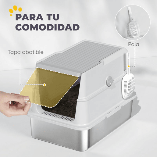 PawHut Caixa de Areia XL em Aço Inoxidável para Gatos, Fechada, com Tampa Rebatível, Bordo Alto, Pá e Sistema Anti-fugas, Cinzento-claro PawHut Caixa de Areia XL em Aço Inoxidável para Gatos, Fechada, com Tampa Rebatível, Bordo Alto, Pá e Sistema Anti-fugas, Cinzento-claro