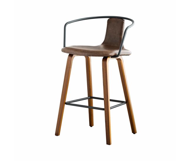 Taburetes de bar 2 unidades - con reposabrazos, tapizado de tela teddy/pu, patas de madera y reposapiés metálico estilo escandinavo - marrón