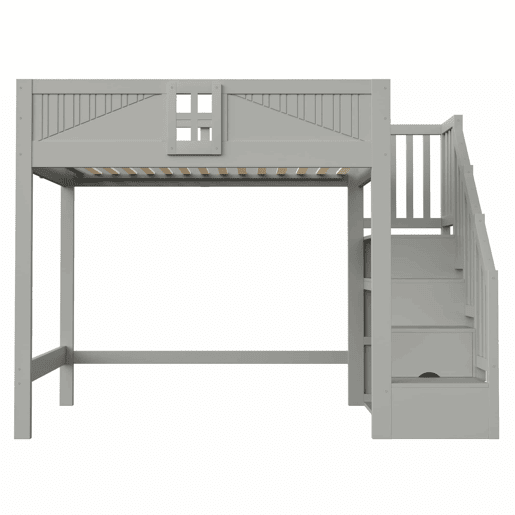 Cama alta em madeira maciça 140 x 200 cm - com grade de segurança com janela, escada com espaço de arrumação reversível, cama multifuncional - cinzenta Cama alta em madeira maciça 140 x 200 cm - com grade de segurança com janela, escada com espaço de arrumação reversível, cama multifuncional - cinzenta