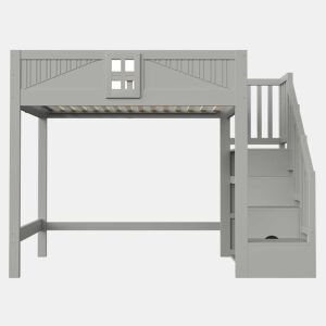 Cama alta em madeira maciça 140 x 200 cm - com grade de segurança com janela, escada com espaço de arrumação reversível, cama multifuncional - cinzenta