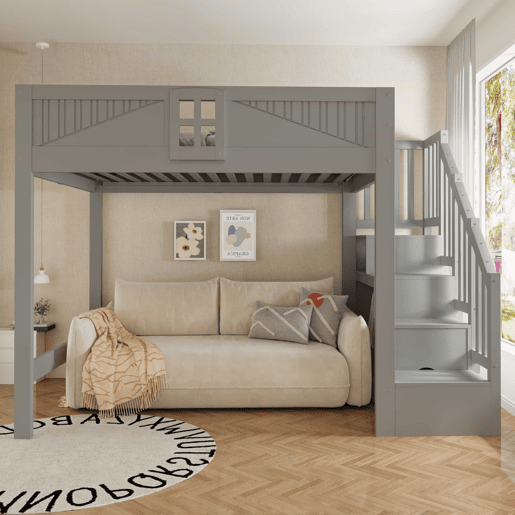 Cama alta em madeira maciça 140 x 200 cm - com grade de segurança com janela, escada com espaço de arrumação reversível, cama multifuncional - cinzenta Cama alta em madeira maciça 140 x 200 cm - com grade de segurança com janela, escada com espaço de arrumação reversível, cama multifuncional - cinzenta
