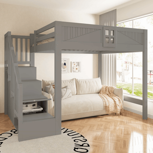 Cama alta em madeira maciça 140 x 200 cm - com grade de segurança com janela, escada com espaço de arrumação reversível, cama multifuncional - cinzenta Cama alta em madeira maciça 140 x 200 cm - com grade de segurança com janela, escada com espaço de arrumação reversível, cama multifuncional - cinzenta