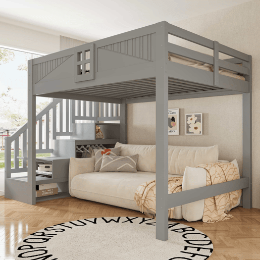 Cama alta em madeira maciça 140 x 200 cm - com grade de segurança com janela, escada com espaço de arrumação reversível, cama multifuncional - cinzenta Cama alta em madeira maciça 140 x 200 cm - com grade de segurança com janela, escada com espaço de arrumação reversível, cama multifuncional - cinzenta
