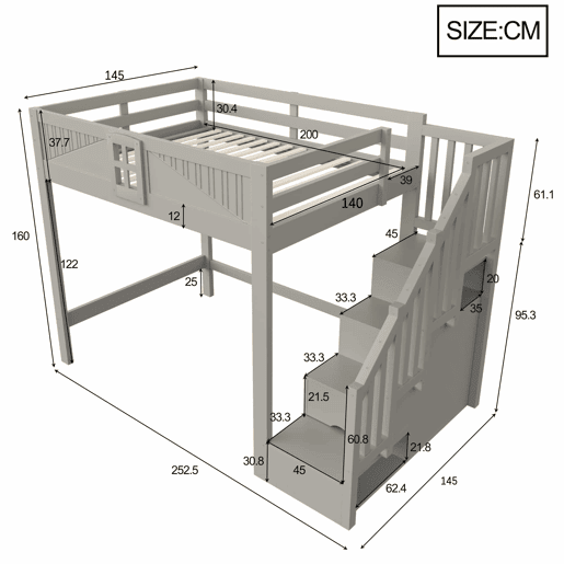 Cama alta em madeira maciça 140 x 200 cm - com grade de segurança com janela, escada com espaço de arrumação reversível, cama multifuncional - cinzenta Cama alta em madeira maciça 140 x 200 cm - com grade de segurança com janela, escada com espaço de arrumação reversível, cama multifuncional - cinzenta