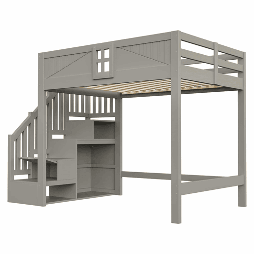 Cama alta em madeira maciça 140 x 200 cm - com grade de segurança com janela, escada com espaço de arrumação reversível, cama multifuncional - cinzenta Cama alta em madeira maciça 140 x 200 cm - com grade de segurança com janela, escada com espaço de arrumação reversível, cama multifuncional - cinzenta