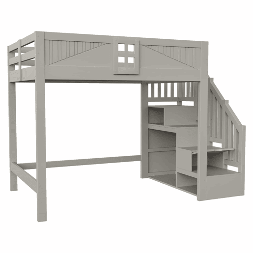 Cama alta em madeira maciça 140 x 200 cm - com grade de segurança com janela, escada com espaço de arrumação reversível, cama multifuncional - cinzenta Cama alta em madeira maciça 140 x 200 cm - com grade de segurança com janela, escada com espaço de arrumação reversível, cama multifuncional - cinzenta