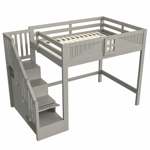 Cama alta em madeira maciça 140 x 200 cm - com grade de segurança com janela, escada com espaço de arrumação reversível, cama multifuncional - cinzenta Cama alta em madeira maciça 140 x 200 cm - com grade de segurança com janela, escada com espaço de arrumação reversível, cama multifuncional - cinzenta