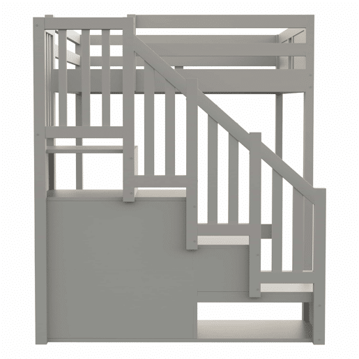 Cama alta em madeira maciça 140 x 200 cm - com grade de segurança com janela, escada com espaço de arrumação reversível, cama multifuncional - cinzenta Cama alta em madeira maciça 140 x 200 cm - com grade de segurança com janela, escada com espaço de arrumação reversível, cama multifuncional - cinzenta