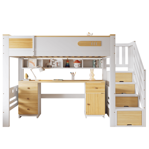 Cama alta 90x200 cm u2013 com secretária, gavetas, escada com espaço de arrumação e estante suspensa, cama infantil funcional em madeira u2013 branca e natural Cama alta 90x200 cm u2013 com secretária, gavetas, escada com espaço de arrumação e estante suspensa, cama infantil funcional em madeira u2013 branca e natural