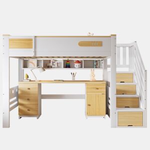 Cama alta 90x200 cm u2013 com secretária, gavetas, escada com espaço de arrumação e estante suspensa, cama infantil funcional em madeira u2013 branca e natural