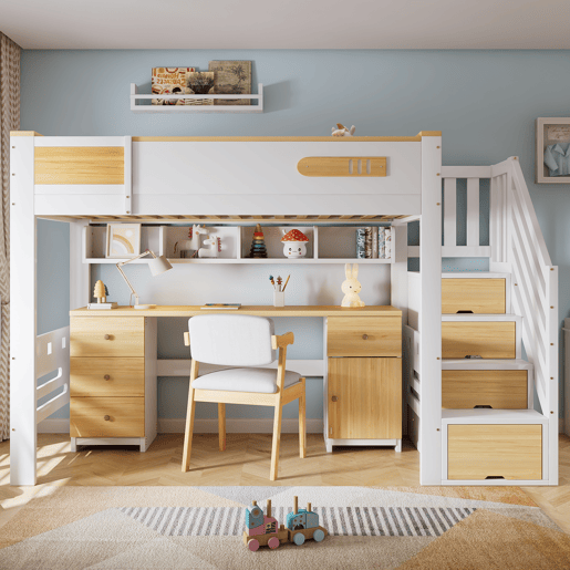 Cama alta 90x200 cm u2013 com secretária, gavetas, escada com espaço de arrumação e estante suspensa, cama infantil funcional em madeira u2013 branca e natural Cama alta 90x200 cm u2013 com secretária, gavetas, escada com espaço de arrumação e estante suspensa, cama infantil funcional em madeira u2013 branca e natural