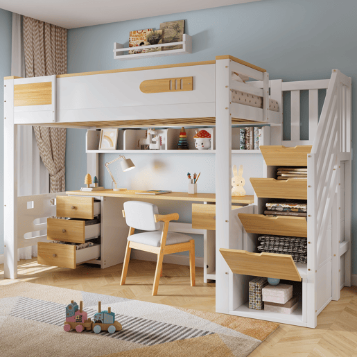 Cama alta 90x200 cm u2013 com secretária, gavetas, escada com espaço de arrumação e estante suspensa, cama infantil funcional em madeira u2013 branca e natural Cama alta 90x200 cm u2013 com secretária, gavetas, escada com espaço de arrumação e estante suspensa, cama infantil funcional em madeira u2013 branca e natural