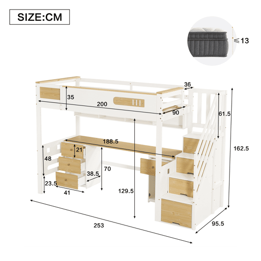 Cama alta 90x200 cm u2013 com secretária, gavetas, escada com espaço de arrumação e estante suspensa, cama infantil funcional em madeira u2013 branca e natural Cama alta 90x200 cm u2013 com secretária, gavetas, escada com espaço de arrumação e estante suspensa, cama infantil funcional em madeira u2013 branca e natural