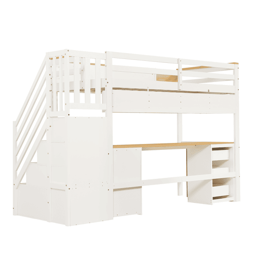 Cama alta 90x200 cm u2013 com secretária, gavetas, escada com espaço de arrumação e estante suspensa, cama infantil funcional em madeira u2013 branca e natural Cama alta 90x200 cm u2013 com secretária, gavetas, escada com espaço de arrumação e estante suspensa, cama infantil funcional em madeira u2013 branca e natural