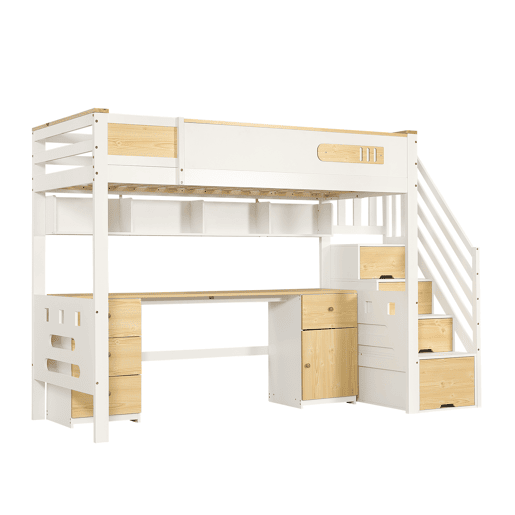Cama alta 90x200 cm u2013 com secretária, gavetas, escada com espaço de arrumação e estante suspensa, cama infantil funcional em madeira u2013 branca e natural Cama alta 90x200 cm u2013 com secretária, gavetas, escada com espaço de arrumação e estante suspensa, cama infantil funcional em madeira u2013 branca e natural