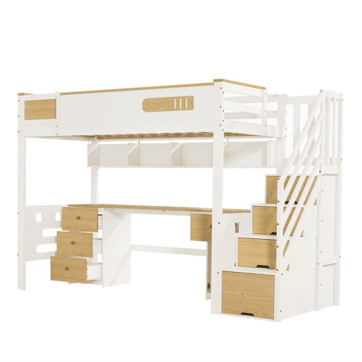 Cama alta 90x200 cm u2013 com secretária, gavetas, escada com espaço de arrumação e estante suspensa, cama infantil funcional em madeira u2013 branca e natural Cama alta 90x200 cm u2013 com secretária, gavetas, escada com espaço de arrumação e estante suspensa, cama infantil funcional em madeira u2013 branca e natural