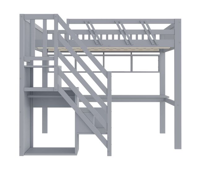 Cama alta infantil 140x200 cm - con escalera, armario, escritorio, usb y luz led - gris