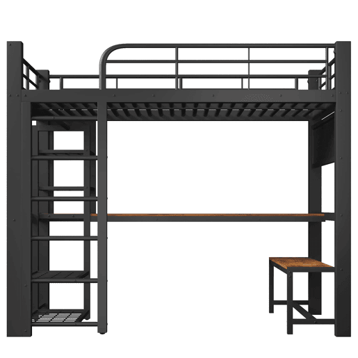 Cama alta 90x200 cm - metálica com LED, prateleiras, secretária de madeira e varão para secar roupa - preta Cama alta 90x200 cm - metálica com LED, prateleiras, secretária de madeira e varão para secar roupa - preta