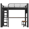 Cama alta 90x200 cm - metálica com LED, prateleiras, secretária de madeira e varão para secar roupa - preta