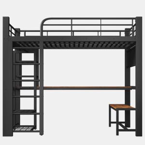 Cama alta 90x200 cm - metálica com LED, prateleiras, secretária de madeira e varão para secar roupa - preta