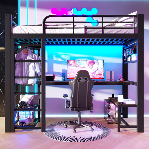Cama alta 90x200 cm - metálica com LED, prateleiras, secretária de madeira e varão para secar roupa - preta Cama alta 90x200 cm - metálica com LED, prateleiras, secretária de madeira e varão para secar roupa - preta