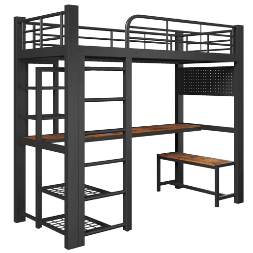 Cama alta 90x200 cm - metálica com LED, prateleiras, secretária de madeira e varão para secar roupa - preta Cama alta 90x200 cm - metálica com LED, prateleiras, secretária de madeira e varão para secar roupa - preta