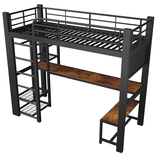 Cama alta 90x200 cm - metálica com LED, prateleiras, secretária de madeira e varão para secar roupa - preta Cama alta 90x200 cm - metálica com LED, prateleiras, secretária de madeira e varão para secar roupa - preta