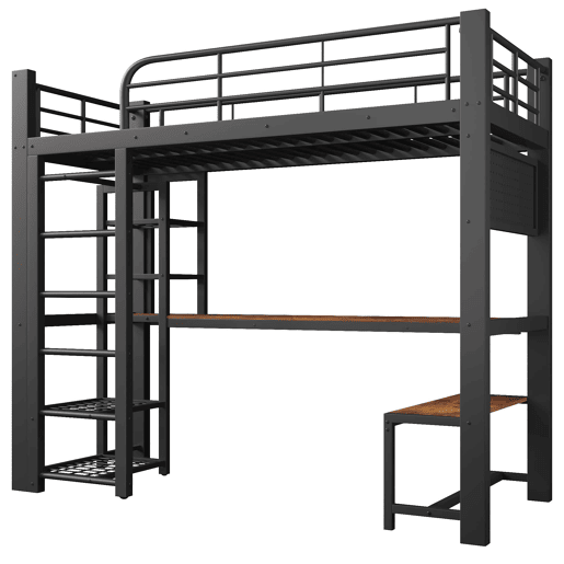Cama alta 90x200 cm - metálica com LED, prateleiras, secretária de madeira e varão para secar roupa - preta Cama alta 90x200 cm - metálica com LED, prateleiras, secretária de madeira e varão para secar roupa - preta