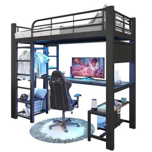 Cama alta 90x200 cm - metálica com LED, prateleiras, secretária de madeira e varão para secar roupa - preta Cama alta 90x200 cm - metálica com LED, prateleiras, secretária de madeira e varão para secar roupa - preta