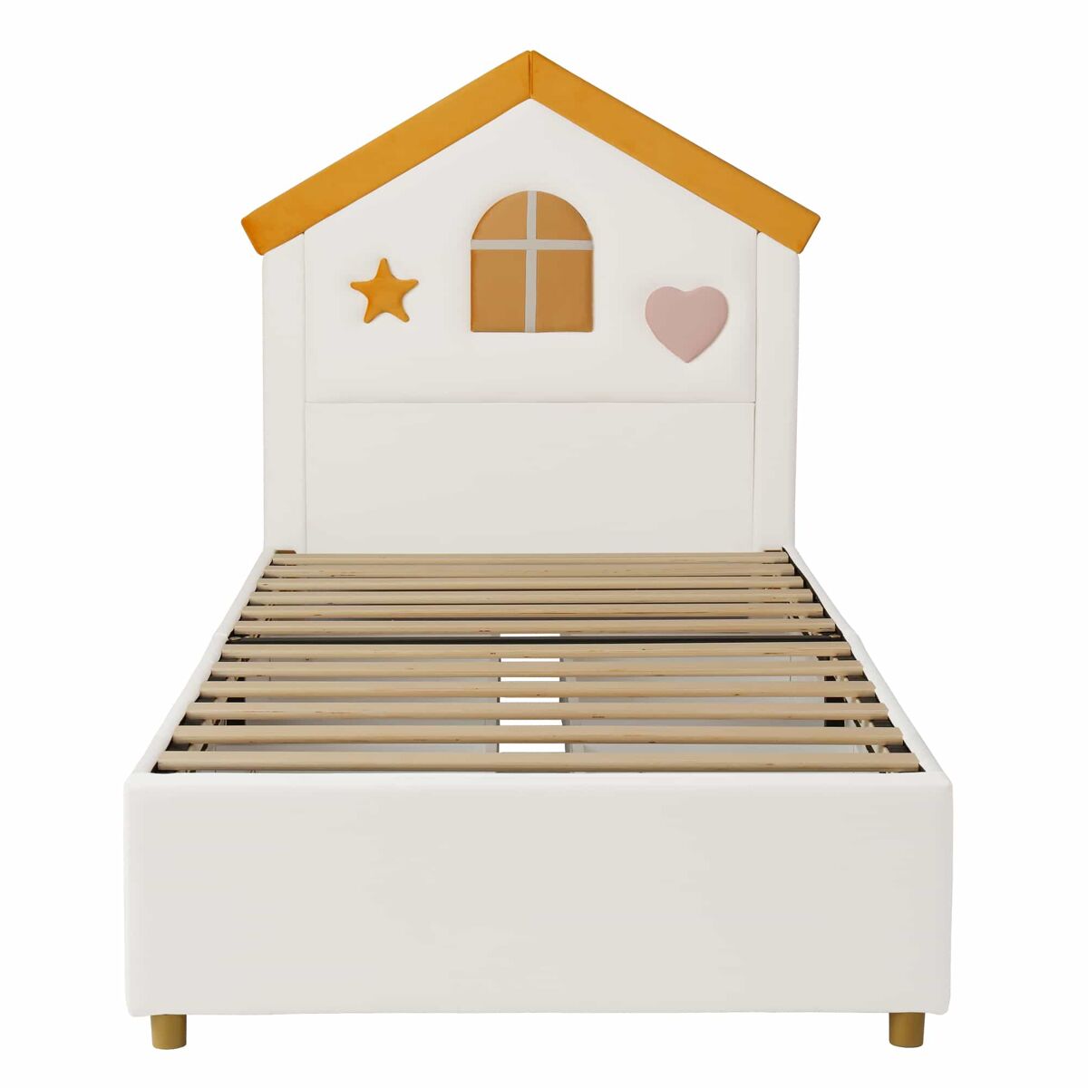 Cama infantil 90x200 cm - tapizada con 4 cajones, cabecero casa, terciopelo - beige