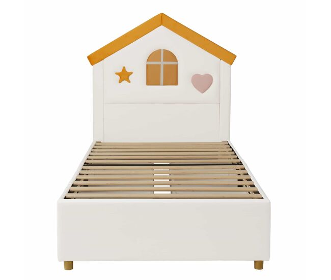 Cama infantil 90x200 cm - tapizada con 4 cajones, cabecero casa, terciopelo - beige