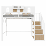 Cama alta metálica 90x200 cm - escada com arrumação, LED, prateleiras e corrimão - Branco
