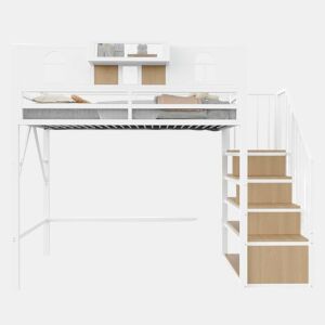 Cama alta metálica 90x200 cm - escada com arrumação, LED, prateleiras e corrimão - Branco
