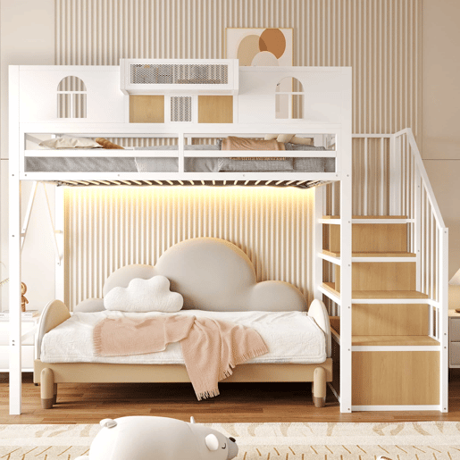 Cama alta metálica 90x200 cm - escada com arrumação, LED, prateleiras e corrimão - Branco