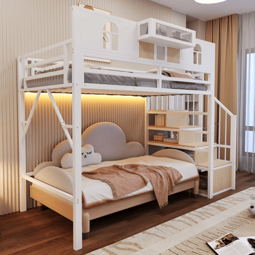 Cama alta metálica 90x200 cm - escada com arrumação, LED, prateleiras e corrimão - Branco